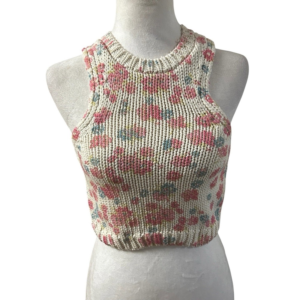 Zara Women's Floral Knit Crop Tank Top Cream/Pink/Blue Sz S Cottagecore/Coquette